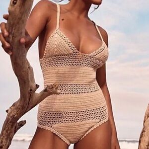 NWT FP x SHE MADE ME handmade essential babydoll Beige Crochet One-Piece size S